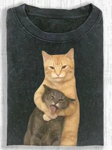 230g Washable Cat Quarrel Moment Print T-Shirt, High-Quality Quilted Vintage Fashion Brand T-Shirt, Men's T-Shirt, Men's Summer Clothing Summer T-Shirt, Holiday Gift, Perfect Gift