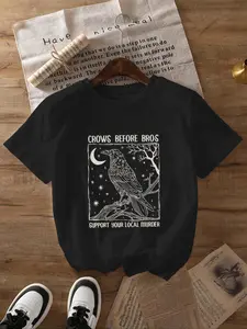 Women's Crow & Letter Print Round Neck Tee, Fashion Casual Short Sleeve T-shirt for Daily Wear, Ladies Summer Clothes
