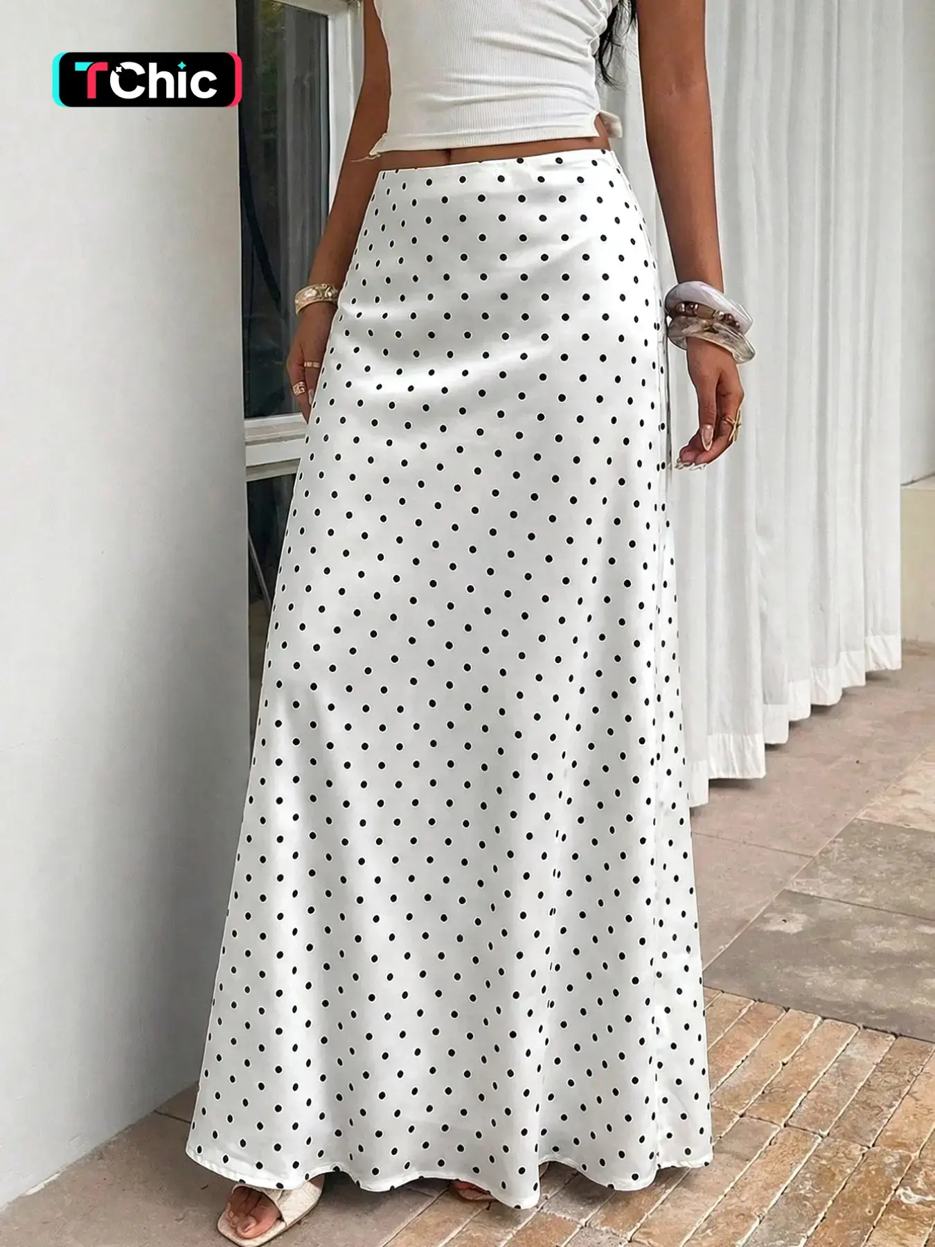 Elegant Chic High-Waist Polka Dot Fishtail Skirt, Long Casual Bottoms for Office, Vacation, Dates, Early Autumn Fashion