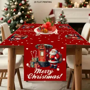 2D flat printing, 1 piece/4 pieces/6 pieces/5 pieces set/7 pieces set, Santa Claus mailbox pattern table flag placemat set, holiday kitchen table accessories, seasonal family gathering decoration, indoor and outdoor party decoration, Table Runner