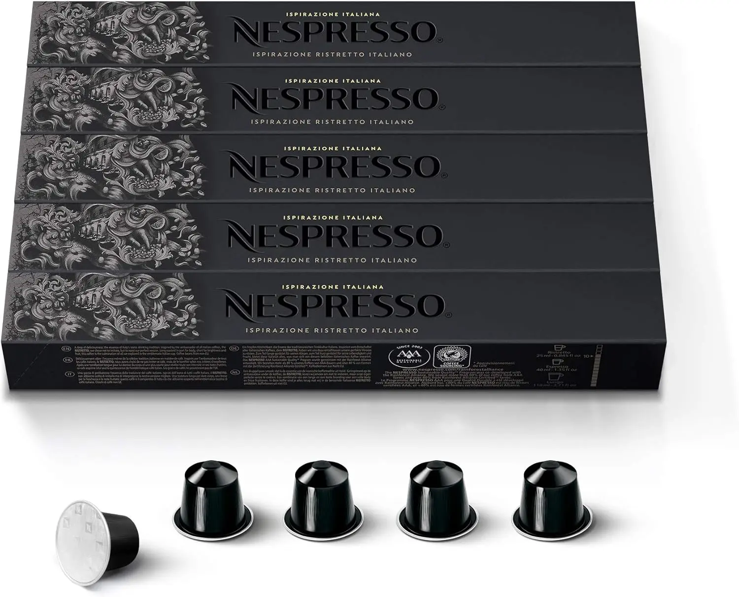 NESPRESSO Original Line Ristretto Intenso Dark Roast Low Fat Espresso Coffee Capsules - 50 Count Italian Pods, Cupboard Storage Friendly, Ideal for Creamy Milk Beverages