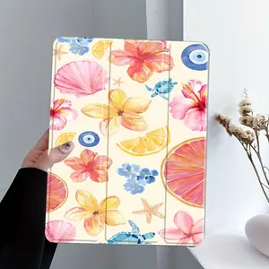 Elegant Tropical Watercolor Evil Eye iPad Case,Hibiscus & Citrus Seashell Protective Cover Auto Wake/sleep,Anti-Drop Scratch-Resistant,Transparent Acrylic Back,Fits iPad 7.9/8.3/10.2/10.5/10.9/11/12.9 13 inch,Shock-resistant Full Cover Ideal for Office