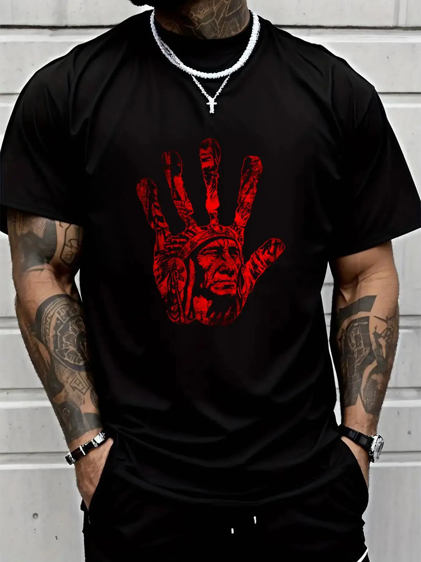 100% cotton Native American Indigenous Red Hand Indian Blood Themed T-Shirt Printed T-shirt, Short-sleeved Crew Neck Casual, Suitable For All Seasons, Men's Wear