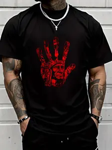 100% cotton Native American Indigenous Red Hand Indian Blood Themed T-Shirt Printed T-shirt, Short-sleeved Crew Neck Casual, Suitable For All Seasons, Men's Wear