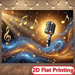 Vintage Microphone & Musical Notes Backdrop Banner for Music Themed Events Singing Party Occasions Indoor Outdoor Birthday Home Background Cake Table Decoration 2D Flat Printing