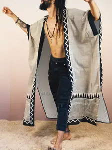 Men's Boho Jacket - Loose Open Front Geometric Robe for Beach, Travel & Streetwear