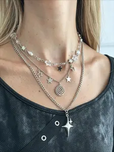 3-Piece Y2K Starburst Spiral Pendant Necklace Set, Retro Boho Layered Necklaces for Women, Party Wedding Holiday Jewelry