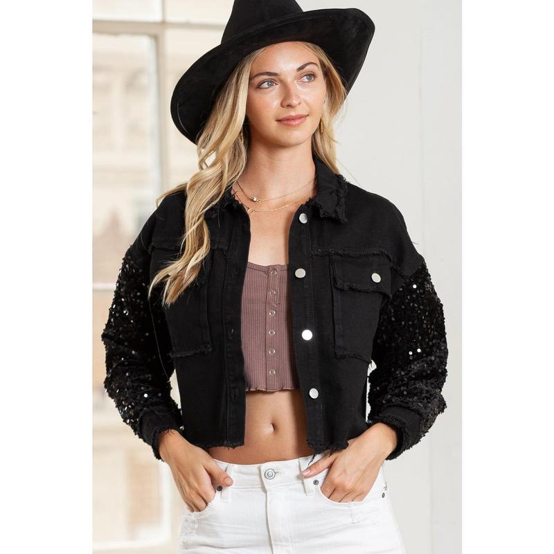 Black Sequin Sleeve Pocketed Raw Hem Denim Jacket Black Sequin Sleeve Pocketed Raw Hem Denim Jacket