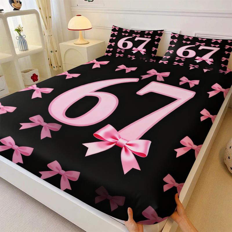 Creative pattern printed bedsheet with number 67 and bow tie, soft and comfortable 3D digital printed bedding, Bed Sheets Set, anti slip dust cover suitable for bedroom decoration, including 1 bedsheet and 2 pillowcases