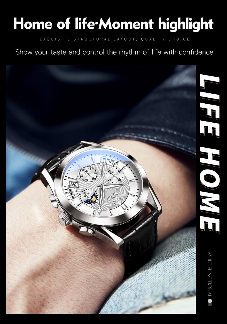 OLEVS Men’s Chronograph Watch Leather Strap Waterproof Quartz Wristwatch with Date Moon Phase Luminous Hands Business Casual Gift for Men 2876
