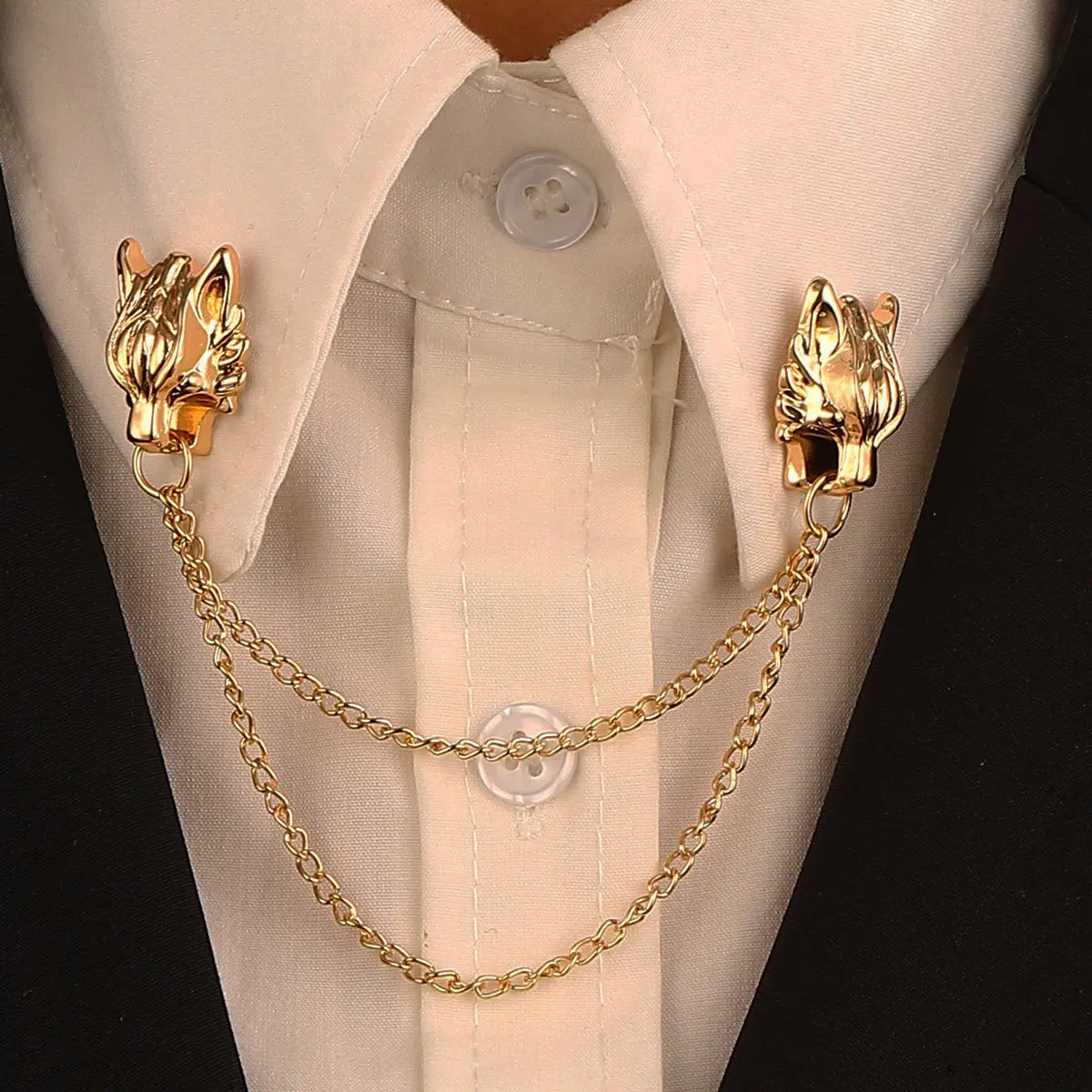 Chain dragon head brooch men's retro creative design Pixiu suit collar pin alloy collar flower