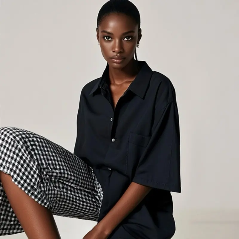 Black Boss Overshirt & Gingham 3/4 Kembe Shorts Set for Women's Stylish Outfits
