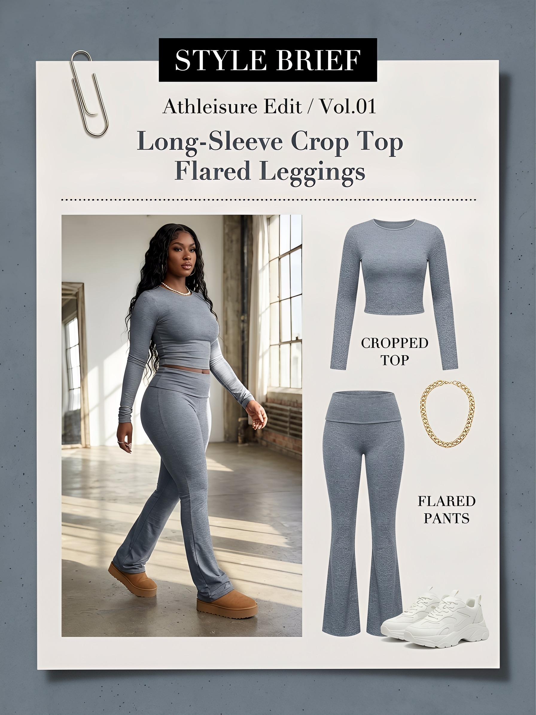 Heather Grey Flare Leggings Set 2 Piece Long Sleeve Crop Top Yoga Outfits for Women