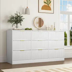 9 Drawers Dresser Storage Cabinet, 63'' Modern Wooden Chest of Drawers with Golden Handles & Fluted Panel Design, TV Console Stand Organizer for Bedroom, Living Room, Hallway (White)