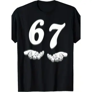 Funny 67 Meme T-Shirt for & - 67 Number Joke Design with 6 & 7 Hands Print, 100% Cotton Soft Crew Neck Tee, S-XXXL Sizes, Casual Gift Idea for Birthdays, Parties & Casual Attire (Black) Menswear Tops