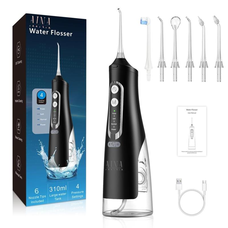 AINA  All-in-1 Water Flosser & Brush - 4 Modes, 6 Jet Tips, 310ml Large Tank & braces tips - Cordless Portable Rechargeable Oral Irrigator for Home & Travel - IPX7 Waterproof Dental Cleaning (Black)