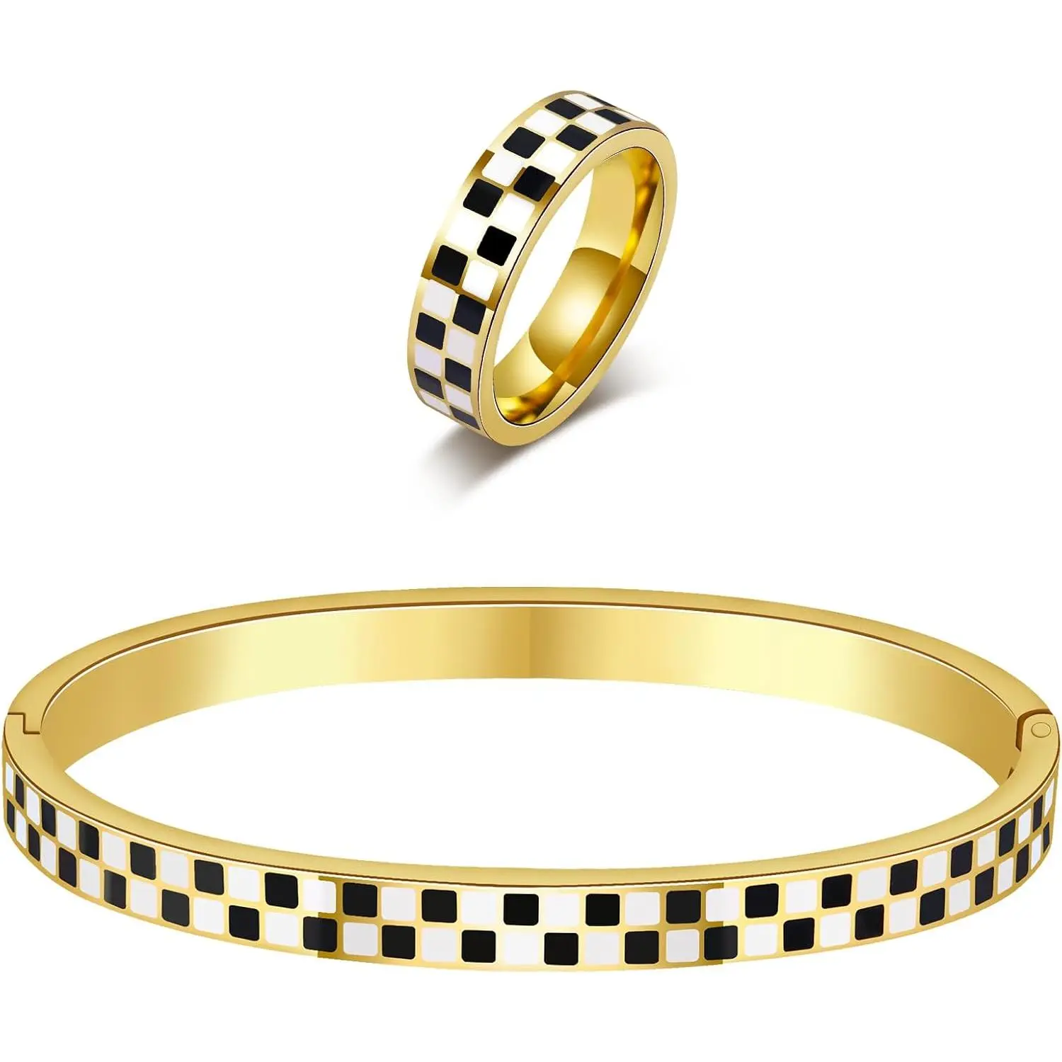Checkered Stackable  Set: Black & White 316L Stainless Steel Bracelet & Ring | Non Tarnish Geometric  for Women |  Unisex  (2-)