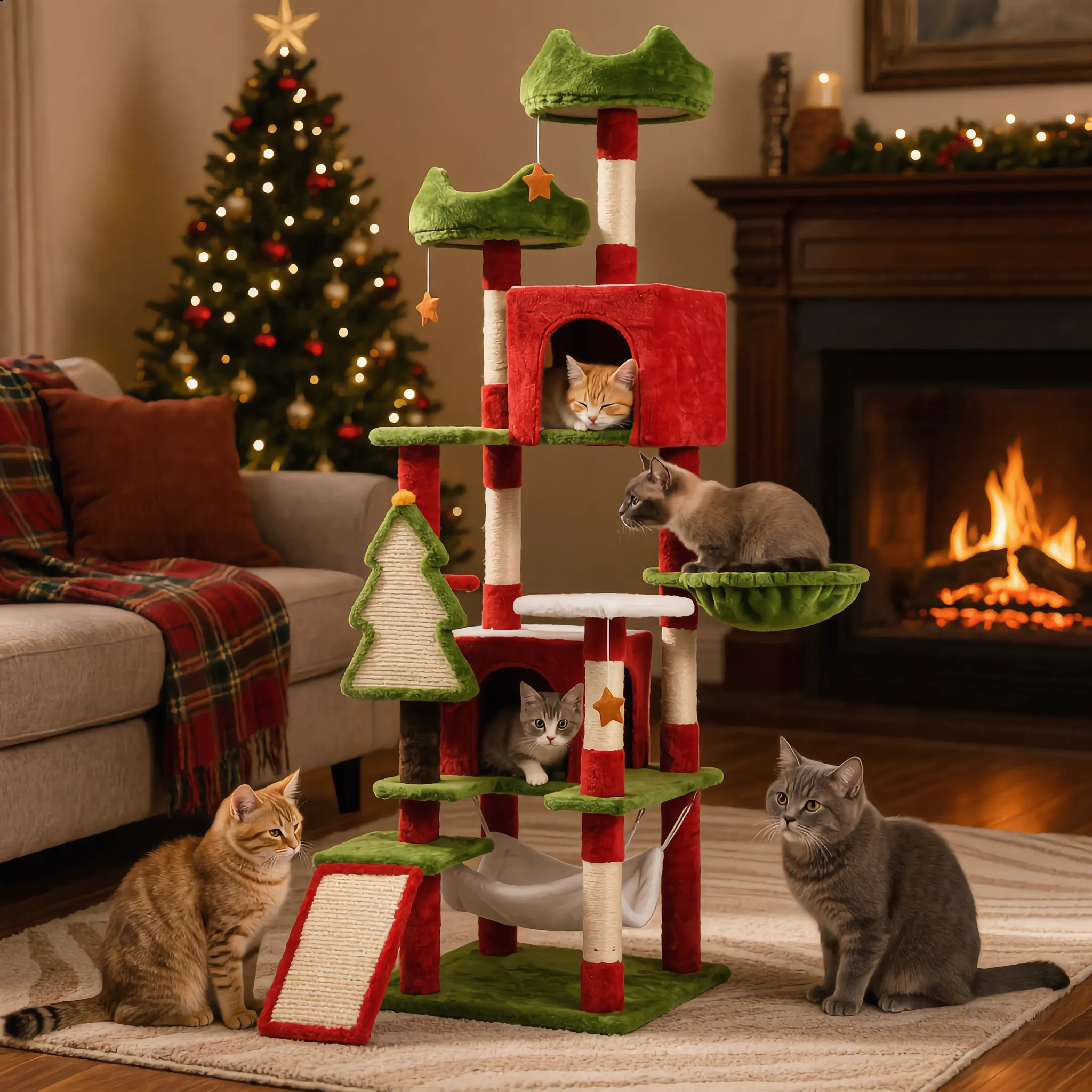 YITAHOME 54/75 Inch Green Red Cat Tree Tower for Indoor Cats, Multi-Level Cat Climbing Tower with Cat Condos, Top Perches, Hammock, Sisal Scratching Posts and Board, Kittens Play Activity Center, Decor