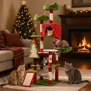 YITAHOME 54/75 Inch Green Red Cat Tree Tower for Indoor Cats, Multi-Level Cat Climbing Tower with Cat Condos, Top Perches, Hammock, Sisal Scratching Posts and Board, Kittens Play Activity Center, Decor