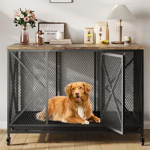 48" Heavy Duty Dog Crate Furniture, Large Dog Kennel Furniture with Lockable Wheels, Indoor Decorative Pet Cage Side End Table for Large Medium Small Breeds