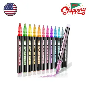 Double Line Art Marker Pen, 12 Colors Glitter Outline Shimmer Marker
