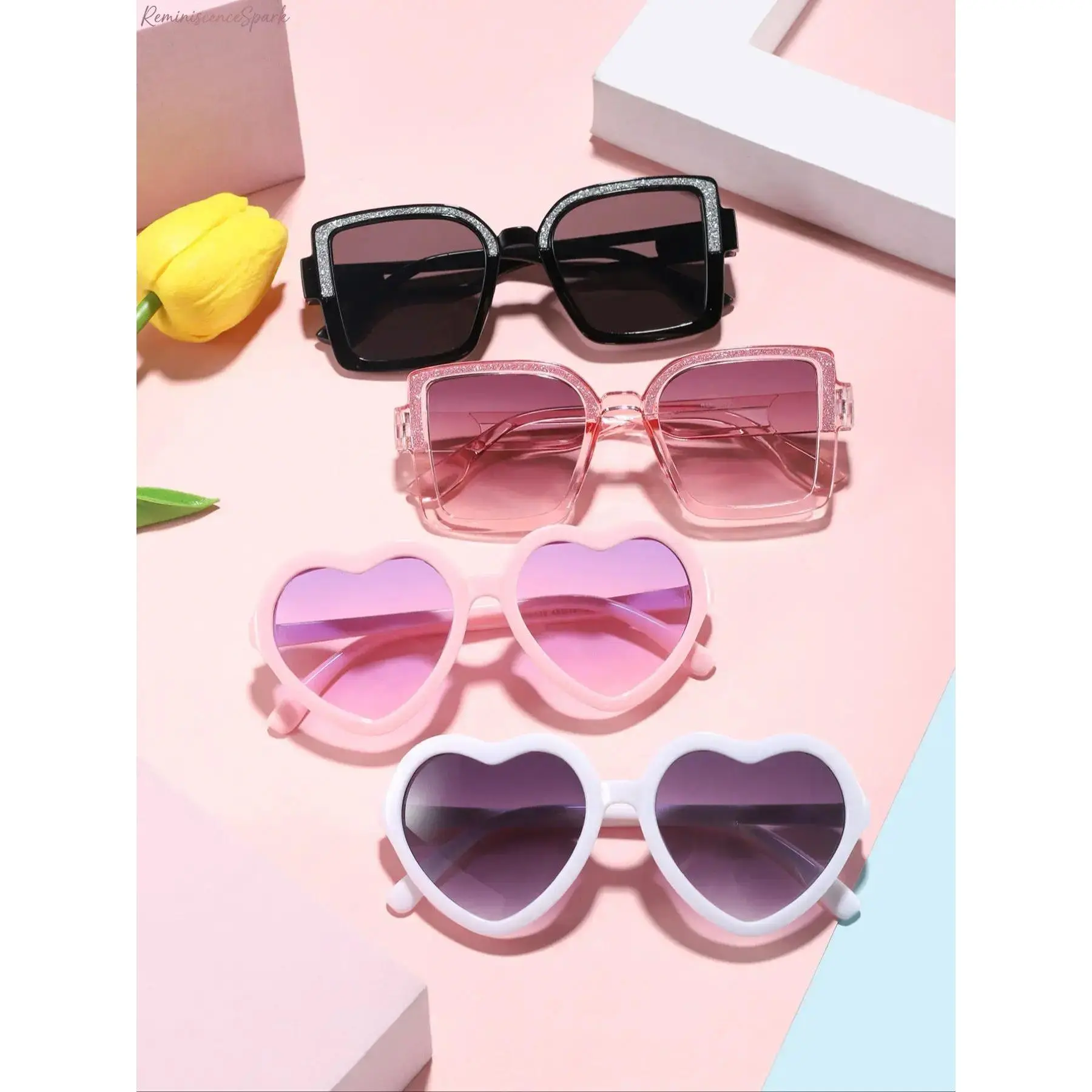 Kids' Cute Square Sparkling Sports Sunglasses - Children's Heart-Decorated Candy Color PC Frame Eyewear with UV Protection, Ideal for Outdoor Play and Birthday Gifting