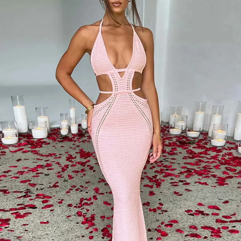 Women's Plain Cut Out Tie Back Cami Sleeveless Bodycon Long Dress, Sexy Backless Halter Neck Dress for Parties, Clubs and Dating, Ladies Summer Homecoming Clothes, Dresses for Party