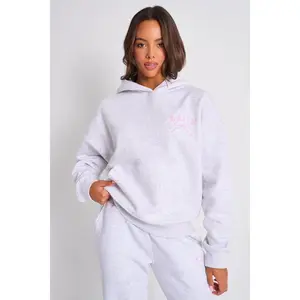 Kaiia Bow Embroidered Oversized Hoodie Light Grey Marl & Baby Pink