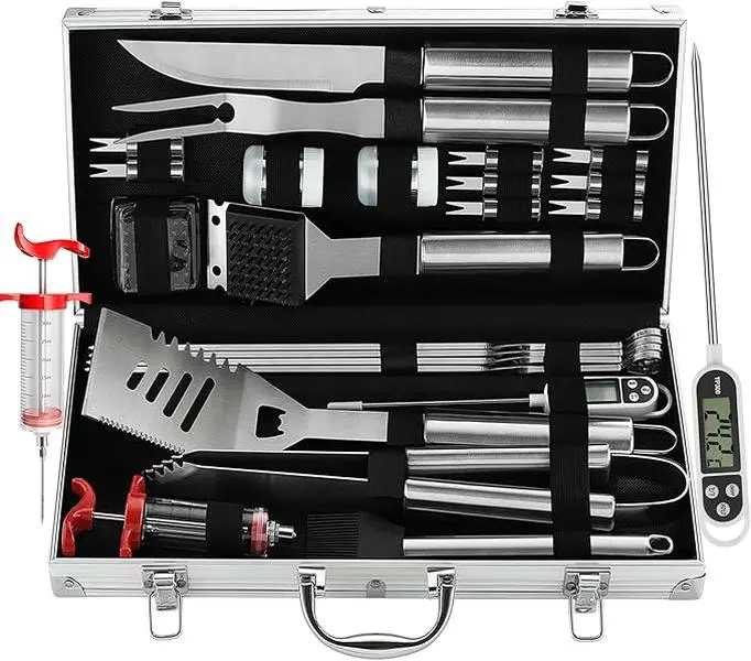 Grilljoy 24PCS Extra Thick Stainless Steel BBQ Grill Utensils Set - Travel Portable Gray Kit with Grill Brush, Meat Thermometer, Oil Accessory, Storage Box for Outdoor Cooking, Camping, Men's Christmas Gifts