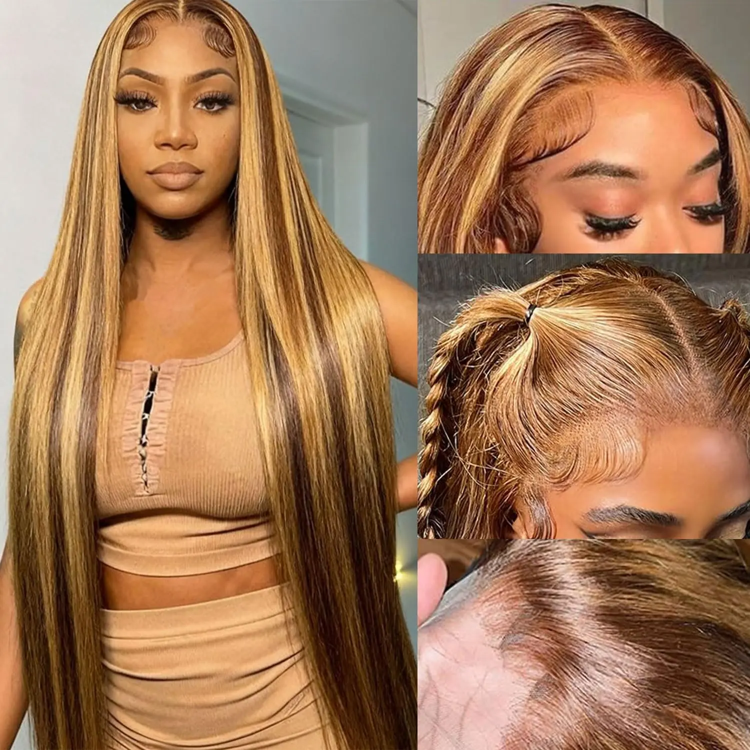 30 inch Ombre Lace Front Wig Human Hair 13x6 HD Straight Highlight Wig Human Hair 180% Density 4/27 Colored Honey Blonde Lace Frontal Wigs For Women Glueless Pre Plucked with Baby Hair