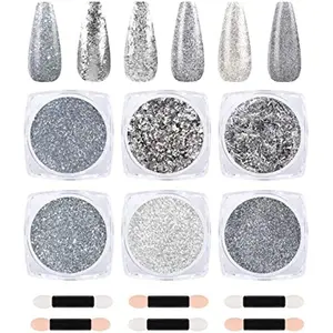6 Boxes Silver Nail Powder, Holographic Metallic Glitter Sequins Nail Powder, Titanium Nail Powder for Nail Art Nail Art Decoration, High Pigmented Fine Powder Easy to Color