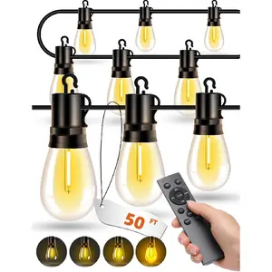 Outdoor Patio String Lights: S14 Shatterproof Bulb Outside Waterproof Light - 50Ft 15M Remote Dimmable Connectable Hanging Outdoor Electric Lighting - Backyard Yard Gazebo Porch Party