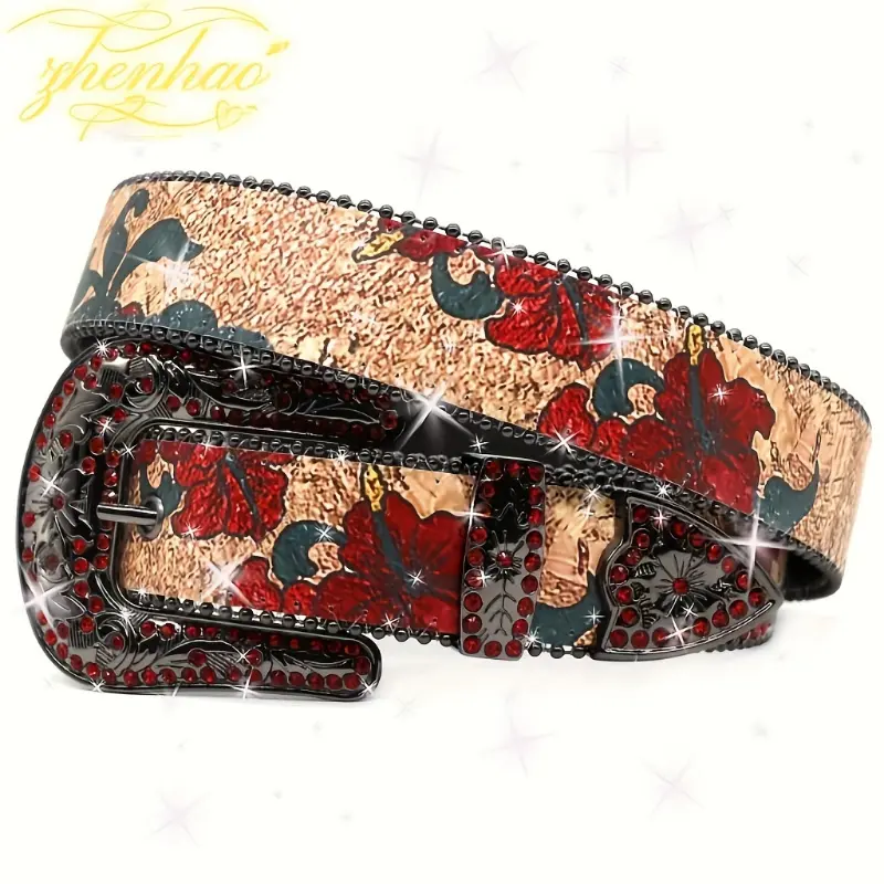 Men's Red Print Rhinestone Belt - Y2K Hip-Hop Punk Style, Durable PU Leather Strap, Alloy Buckle, for Adults, Average Size Fashion Clothes Accessory