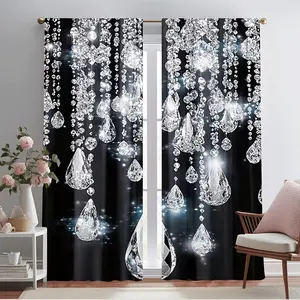 2-Piece set, crystal print Sheer curtains, Home Decorative Curtains - shining tears and diamond design, black background, translucent rod pocket for easy hanging, suitable for home decoration