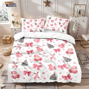 3pcs Pink Santa Claus Reindeer Bow Christmas Tree Pattern Duvet Cover Set, Includes 1 Duvet Cover & 2 Pillowcases, Soft Comfortable Fabric, No Filling, Suitable for Bedrooms, Hotels, School Dormitories, Bedroom Bedding Set, Perfect Christmas Gift