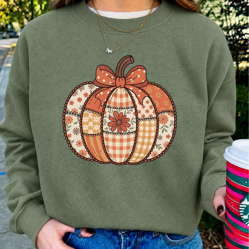 [ PRINT] Vintage Faux Patchwork Pumpkin Sweatshirt, Cozy Fall Graphic Crewneck, Cute Autumn Pumpkin Pullover for Women, Floral Thanksgiving Harvest Gift, Women Long Sleeve