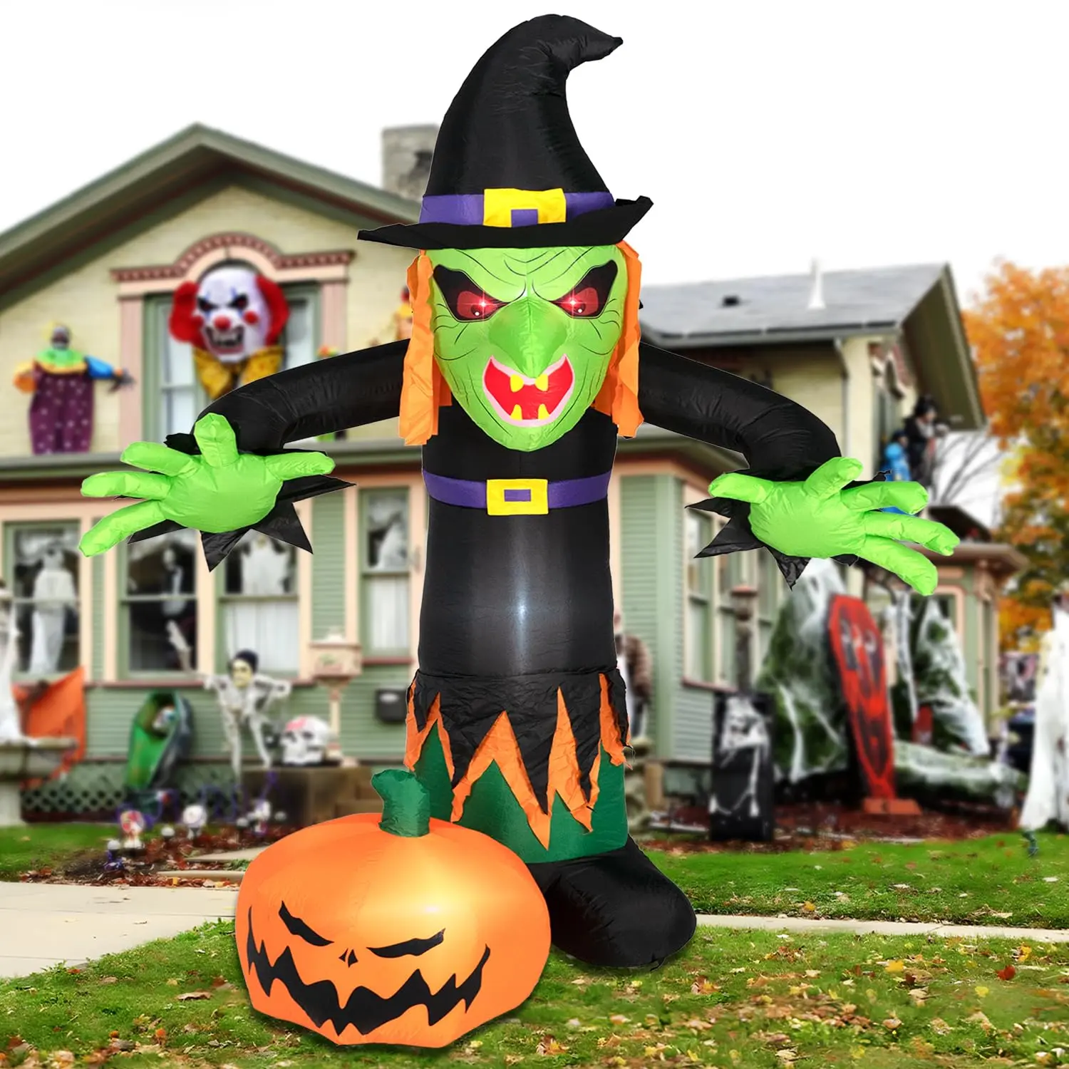 8FT LED Lighted Spooky Witch Figure Halloween Inflatable, Outdoor Decor with Stakes, Ropes for Haunted House Displays, Blown-Up Size Lawn & Garden Novelty Toy