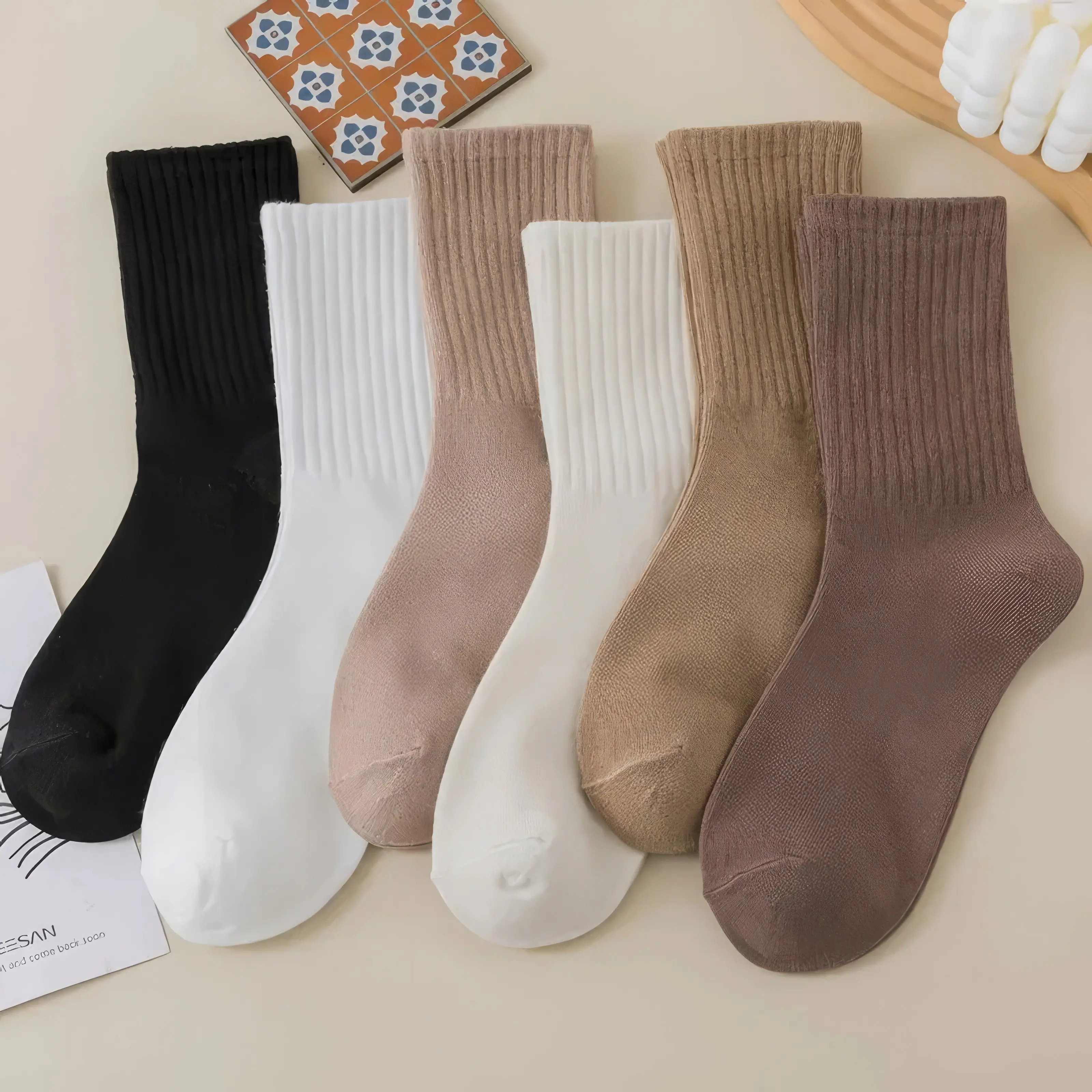 6 Pairs Crew Socks, Women Girls Cotton Slouchy Socks, Casual Loose Fit Ribbed Tube Socks, Breathable Soft Comfortable Stackable Socks, Spring Autumn Socks, Everyday Wear Solid Color Socks Set