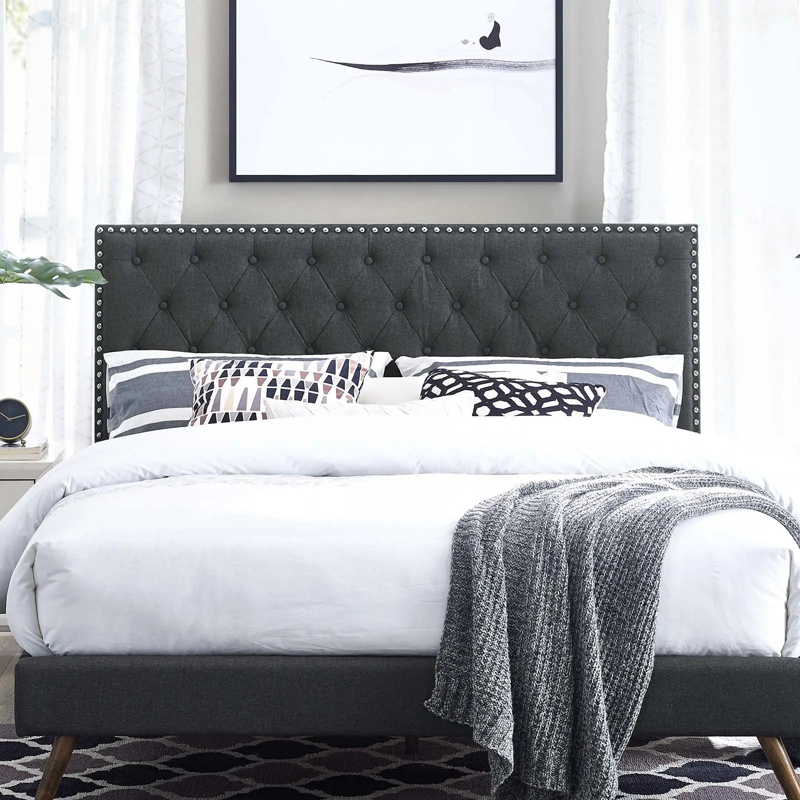 Modway Helena Tufted Adjustable Upholstered Linen Fabric Full-Queen Headboard, Gray, for Modern Bedroom, Adjustable Upholstered Headboard