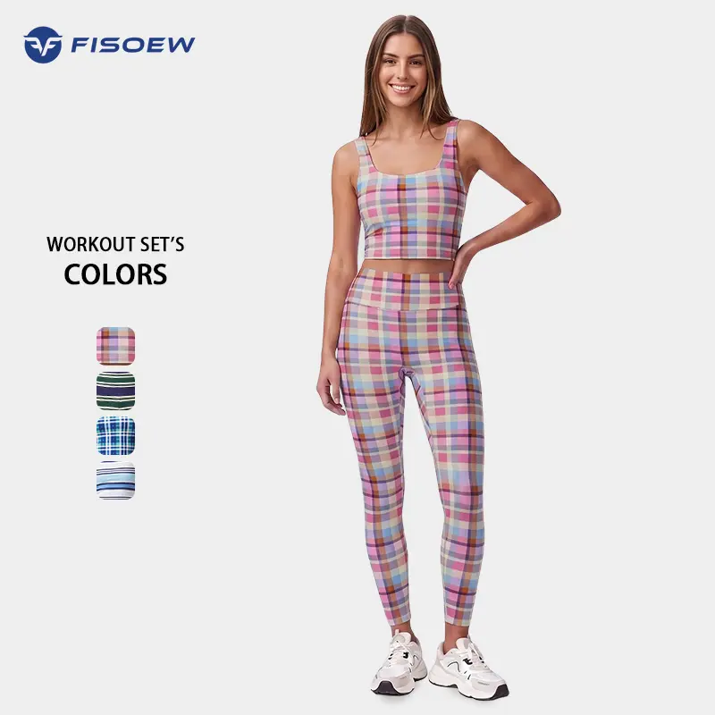 Fisoew Women 2 Piece Athletic Matching Set Square Neck Crop Tank Top High Waist Printed Leggings Running Yoga Workout Outfit
