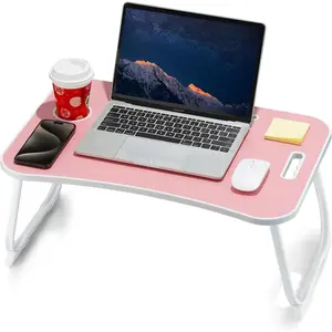 Foldable Portable Laptop Bed Desk Lap Table Stand with Cup Holder Tablet Slot Lifting Handle for Working Writing Drawing Eating - Pink