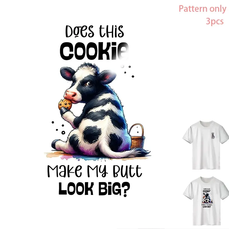 Cow Eating Cookies T-Shirt Heat Transfer Vinyl - Creative Design, Fashionable DIY Apparel Decal, Durable PVC, Machine Washable, DTF Print, for T-Shirts, Jeans, Hoodies, Backpacks, Pattern Only