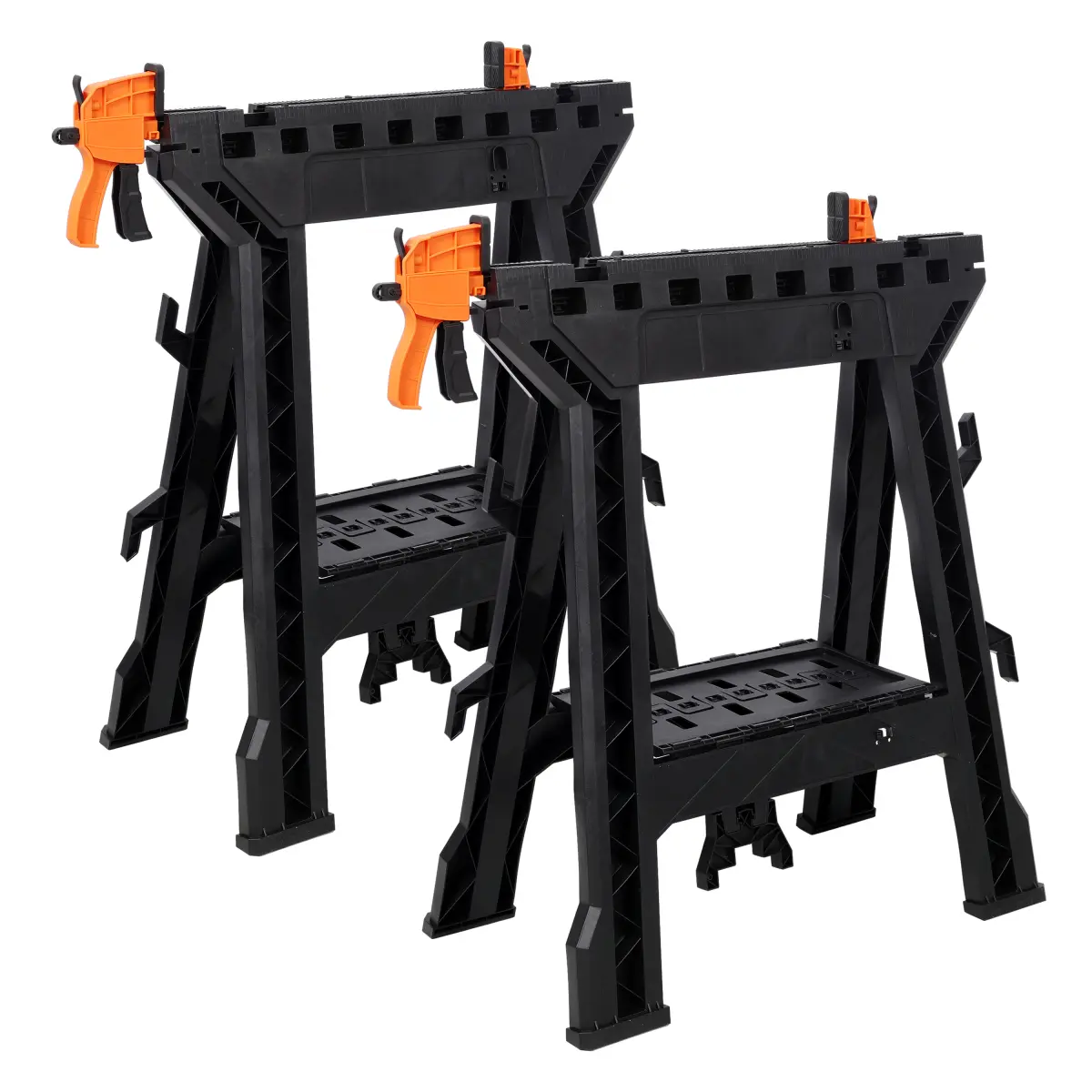 2200LBS Heavy duty Foldable Clamping Saw Horse 2-piece Set with Stable Fixture, Suitable for Multi Size Workpiece Base, Exclusive Storage Slot, Foldable, Portable, Space Free, Completely Installation Free, Woodworking, Handmade, DIY Workshop Universal