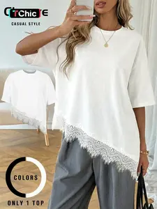 Summer Women's Casual T-Shirt, Lace and Asymmetric Hem Design, Stylish and Comfortable, Perfect for Daily Wear