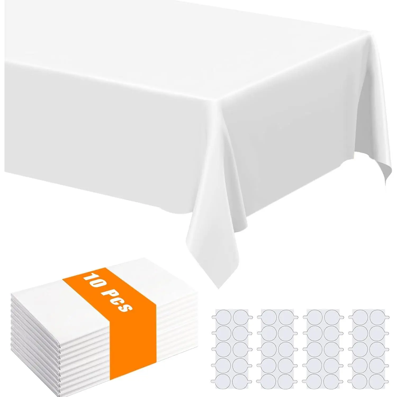 10 Pack Plastic Table Cloth, 54" x 108" White Disposable Tablecloth Rectangle Table Cover for Wedding, Picnic and Party [with Stickers]