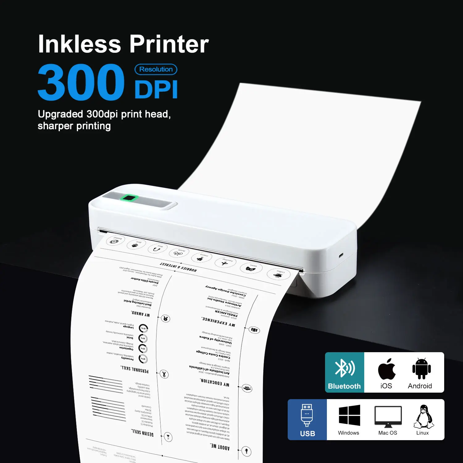 Portable Wireless Inkless Thermal Printer, Printing Machine, Supports A4 Paper Size, Prints Resumes, Music Sheets, Exam Papers, Compatible with iOS & Laptops