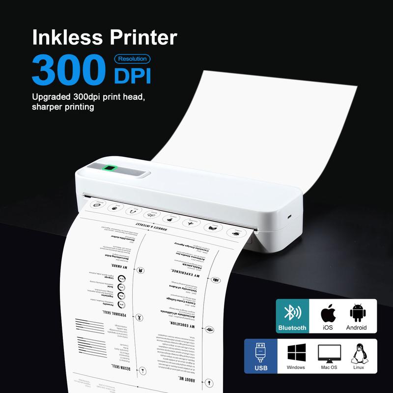Portable Inkless Thermal Printer, Supports A4 Paper Size, Prints Resumes, Music Sheets, Exam Papers, Compatible with iOS & Laptops