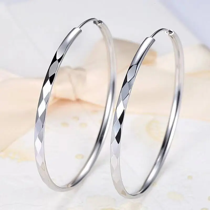 Women's Silver-Tone Copper Bling Hoop Earrings - Stylish Jewelry, Diamond-Cut Faceted Surface, Lightweight Textured Circle Shape Earrings, 1.5/1.97/2.3 in Diameter for Casual Daily Wear Elegant Trendy Use, Feminine Aesthetic, Multi-Size, Bling Earrings