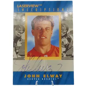 John Elway Denver Broncos 1996 Pinnacle Laserview Inscriptions Autographed Trading Card serial numbered as #1096 out of 3100 hand Inscribed. The card is printed on a clear acetate material, a characteristic of the Laserview set.(Year to card number match)