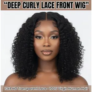 100% Virgin Human Hair Deep Curly Lace Front Wig,  13x4 HD Transparent Lace, Pre-Plucked Mocha Water Wave